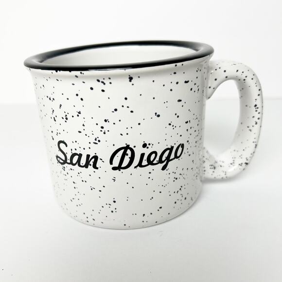 M Ware White & Black Speckled Black Rim San Diego Ceramic Mug 3 1/2 x 5 - Picture 1 of 11